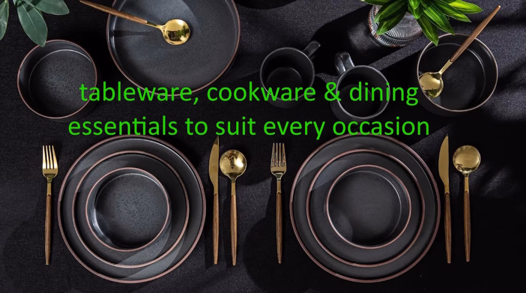 Cover image on the Superior Homestyle opening page. The image displays a birds eye view of a table set for two with overtyped words "tableware, cookware & dining essentials to suit every occasion.